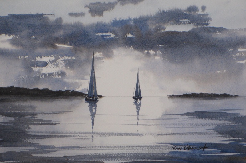 seascape, sailboat, twilight, evening, calm, sunset, original watercolor painting, oberst